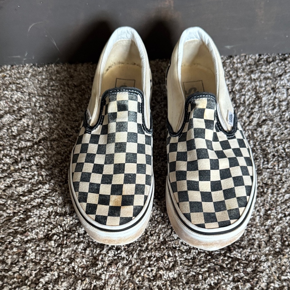 Vans Kids Black and Cream Checkered Slip-On Sneakers
